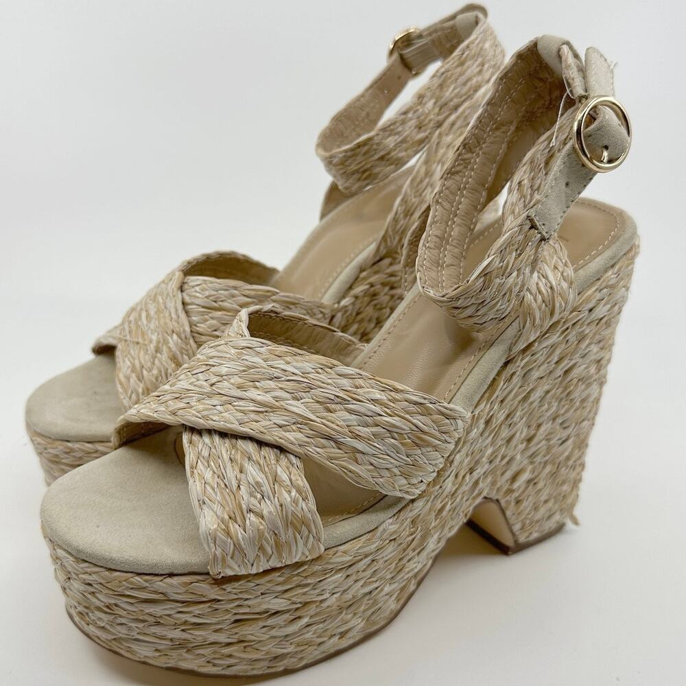 Just Fab Mia Sandals Women Sz 6 Beige Notched Wedge Straps Crisscross Espadrille - Picture 6 of 9